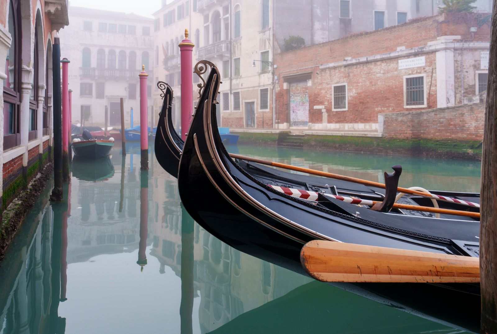 Gondolas moored in winter fog in Venice