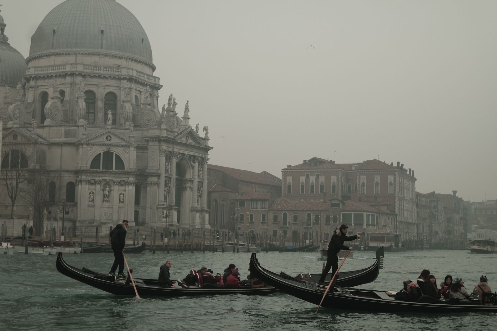 Gondolas on the Grand Canal in winter mist, with the dome of Santa Maria della Salute behind