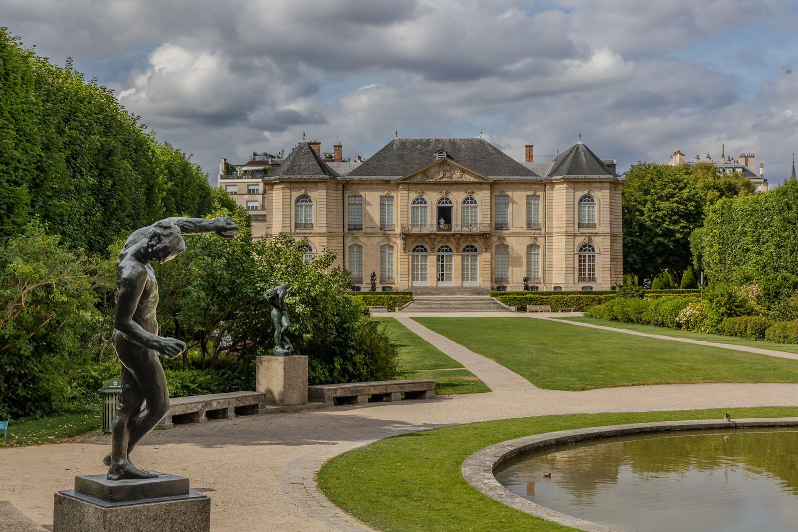 The Hôtel Biron and its garden with a bronze sculpture, at the Musée Rodin in Paris
